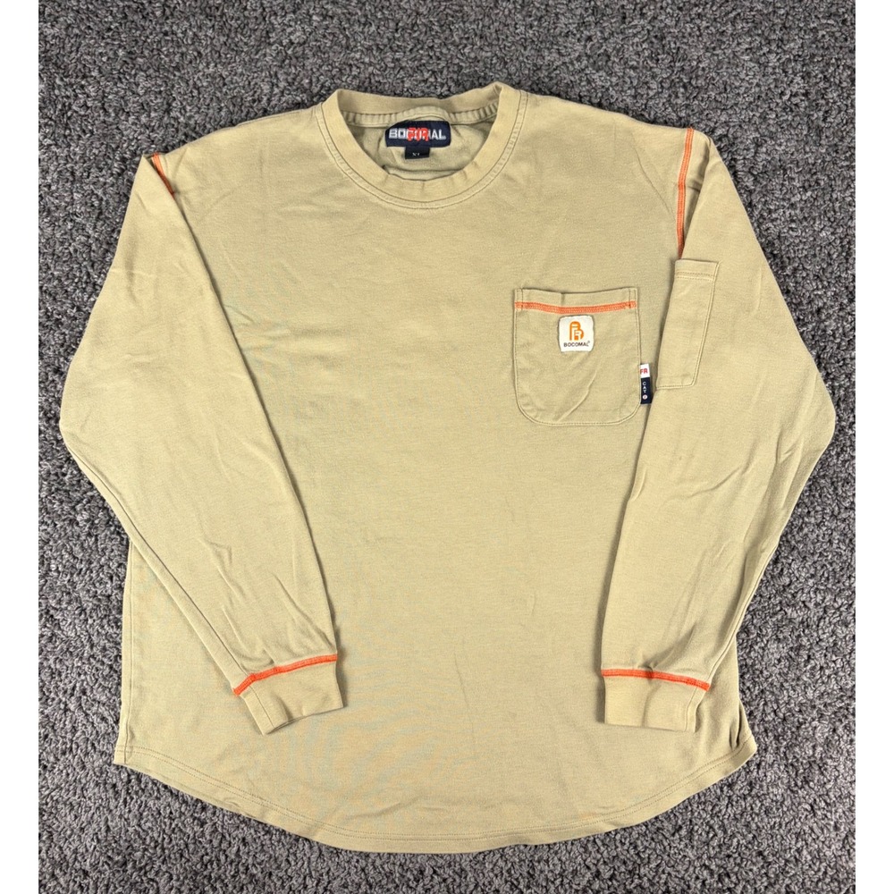 Bocomal FR Flame Resistant Long Sleeve Work Shirt Mens XL Tan Orange Stitching